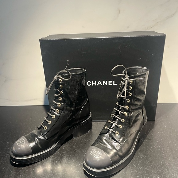 CHANEL Shoes - Chanel lace up boots size 40 black and dark grey with box and shoe bags